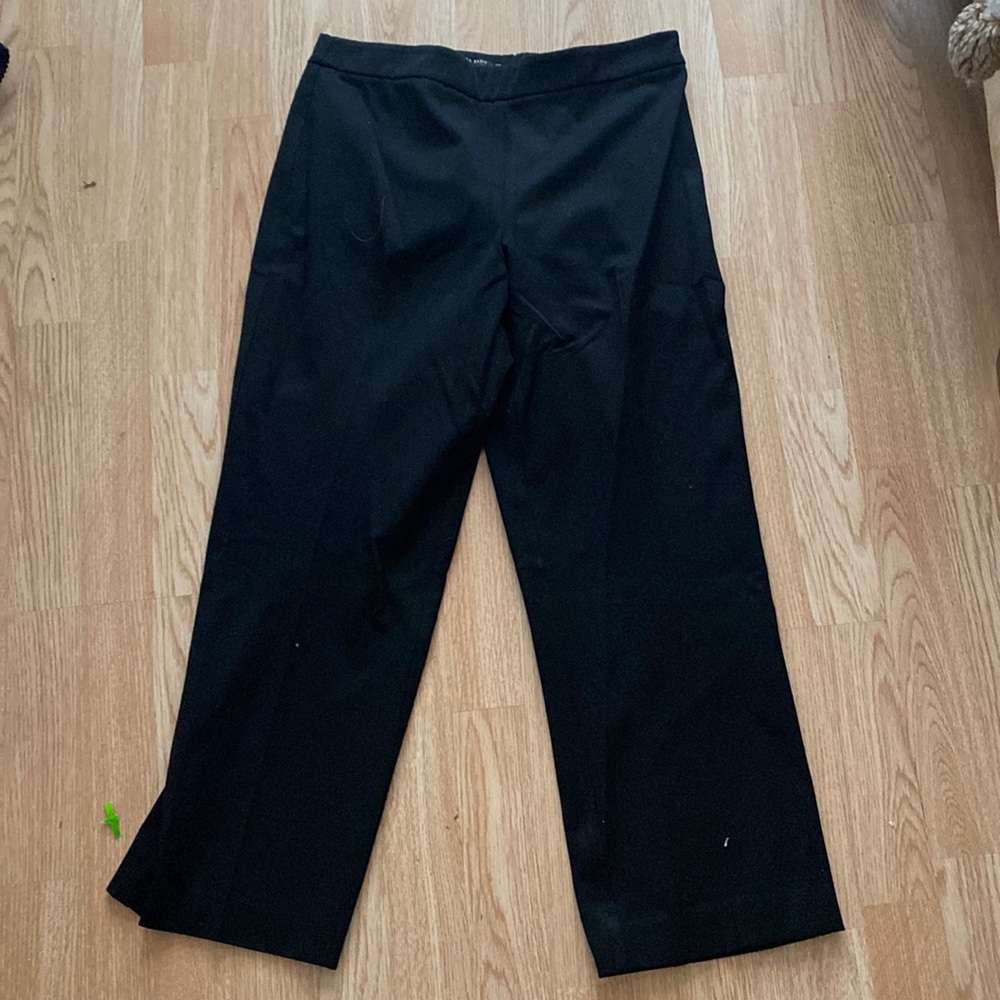 Black professional work pants, zipper on the side, boot cropped and ankle cut